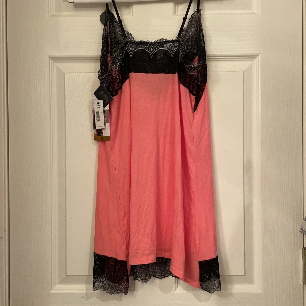 NWT Rachel Roy Pink Spaghetti Strap Black‎ Lace Trim Nightgown Sz S